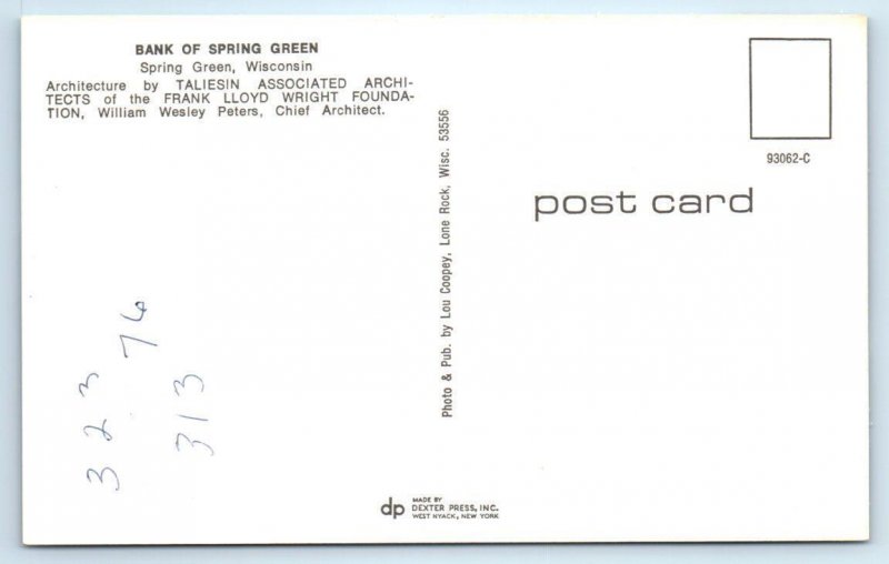 2 Postcards BANK of SPRING GREEN, WI~ Frank Lloyd Wright SPRING GREEN RESTAURANT