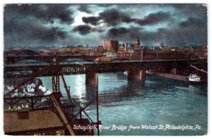 1908 PHILADELPHIA PA SCHUYLKILL RIVER BRIDGE WALNUT STREET AT NIGHT POSTCARD