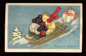 025447 Dressed TEDDY BEARS on Sledge. Vintage PC