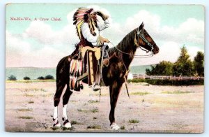 Native American CROW CHIEF, MA-KA-WA on Horseback 1920Postcard