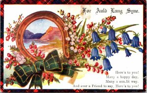 VINTAGE POSTCARD AULD LANG SYNE GREETINGS GOOD WISHES HORSESHOE 1949