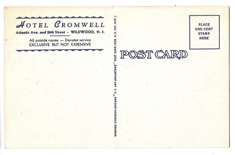 Hotel Cromwell, Atlantic Avenue, Wildwood, New Jersey Unused Linen Postcard