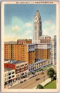 1939 Columbus OH-Ohio, Neil House & A.I.U. Tower, Bustling Street, Postcard