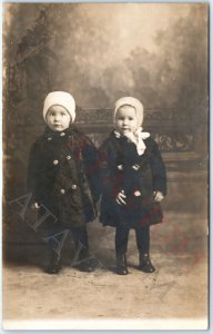 c1910s Cute Little Boy & Girl RPPC Winter Fashion Coat Real Photo Children A159