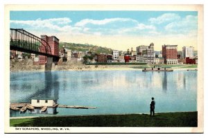 Antique Sky Scrapers, Bridge, River Scene, Wheeling, WV Postcard