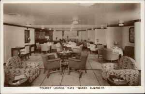 RMS Queen Elizabeth Cruise Liner Tourist Lounge Real Photo Vintage Postcard