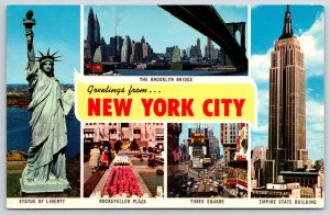 Greetings From New York City Brooklyn Bridge Statue & Empire Building Postcard