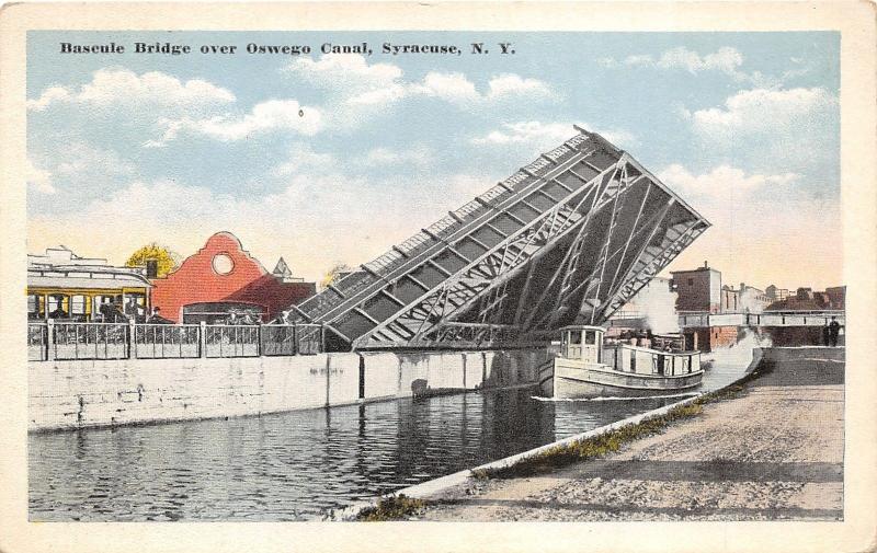 Syracuse New York~ Boat Passing Under Bascule Bridge on Oswego Canal~1920s PC