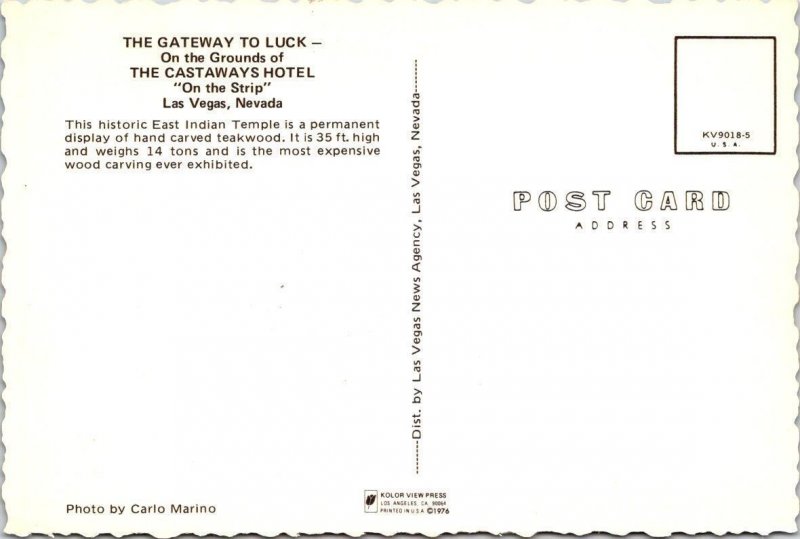 Las Vegas, NV Nevada GATEWAY TO LUCK INDIAN TEMPLE~Castaways Hotel  4X6 Postcard