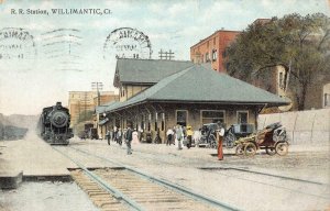 TRAIN DEPOT RAILROAD STATION WILLIMANTIC CONNECTICUT STAGECOACH POSTCARD 1909