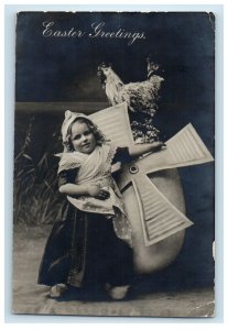 1909 Easter Greetings Little Girl Egg Hatched Rooster RPPC Photo Postcard