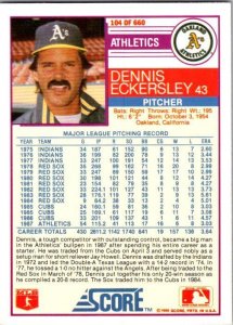 1988 Score Baseball Card Dennis Eckersley Oakland Athletics sk20619