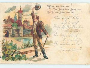 Pre-1907 foreign TRAVELING MAN WAVES WITH HIS HAT HL7265