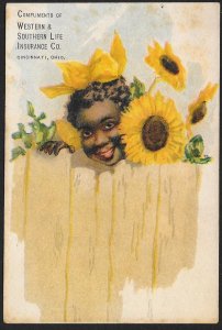 VICTORIAN TRADE CARD Western Southern Life Insurance Black Girl Sunflowers Fence