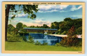 FRYEBURG, ME Maine ~WESTON'S COVERED BRIDGE  c1940s Hartman Linen Postcard