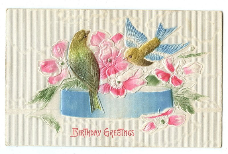 Postcard Birthday Greetings Vintage Standard View Embossed Card Birds Flowers 