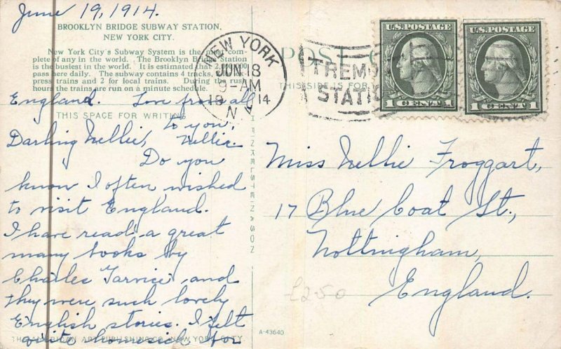 BROOKLYN BRIDGE SUBWAY STATION NEW YORK CITY TO ENGLAND POSTCARD 1914