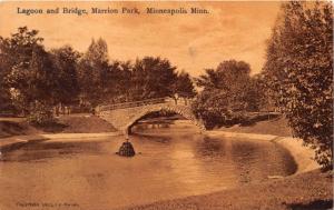 MINNEAPOLIS MINNESOTA~MARRION PARK LAGOON AND STONE BRIDGE SEPIA POSTCARD 1911