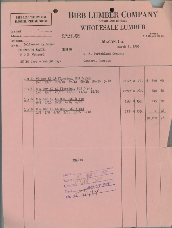 1953 Bibb Lumber Company Macon GA Rough and Dressed Wholesale Lumber Invoice 303 