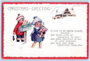 1920 Christmas Greeting Children With Gifts Santa Claus Helper Winter Postcard