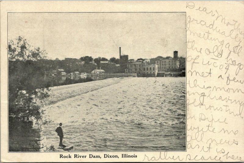 Dixon Illinois~Man Stands Near Rock River Dam~Looks @ Mill District c1905 B&W 