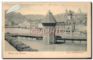 Old Postcard geuss aus Luzern mit Wasserthurnm