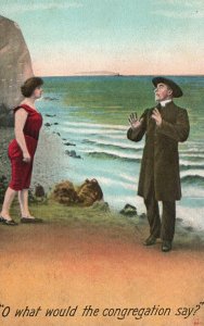 Vintage Postcard 1910's Lovers Couple At The Bay Red Dress Romance
