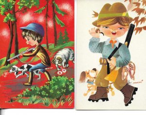 The hunting boy Lot of two (2) modern Spanish, artist signed, postcards