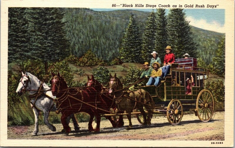 Linen Postcard Black Hills Stage Coach as in Gold Rush Days~1663