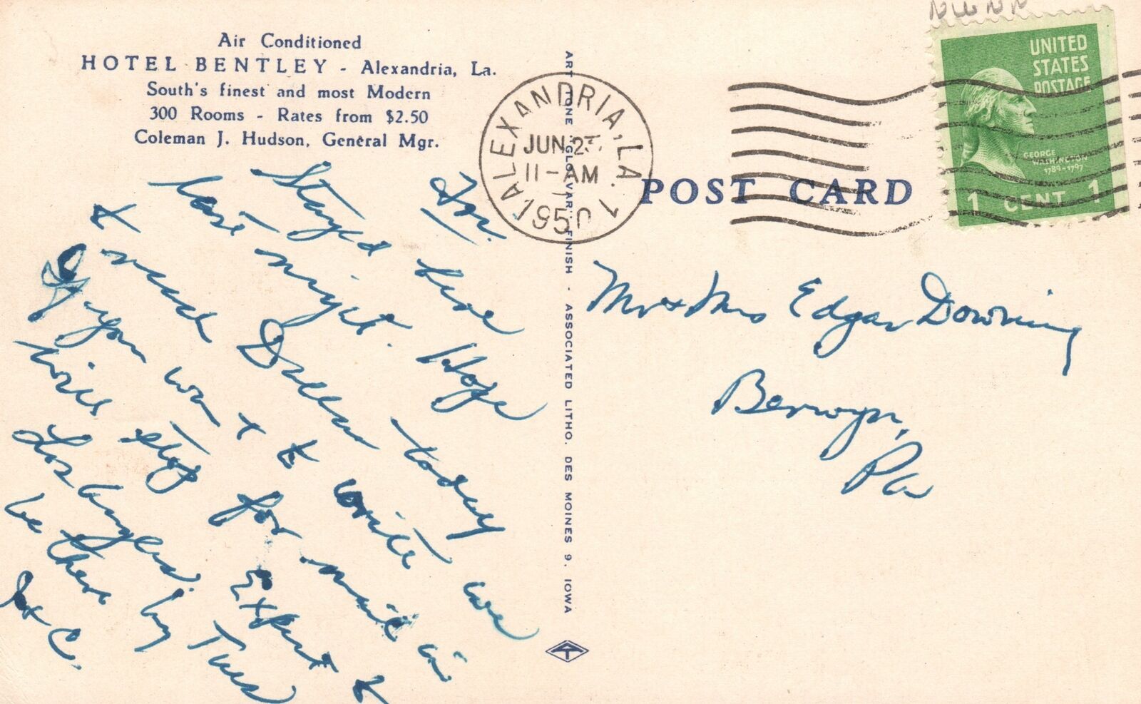 Vintage Postcard 1950's Mirror Room Hotel Bentley Modern Alexandria