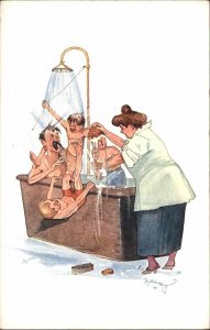 Fritz Schonpflug Comic Mother Gives Bath Father & Boys c1915 Postcard