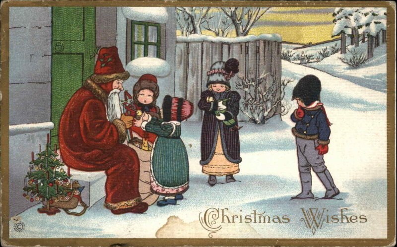 Christmas Santa Claus on Stoop With Children Stecher 402B Postcard c1915