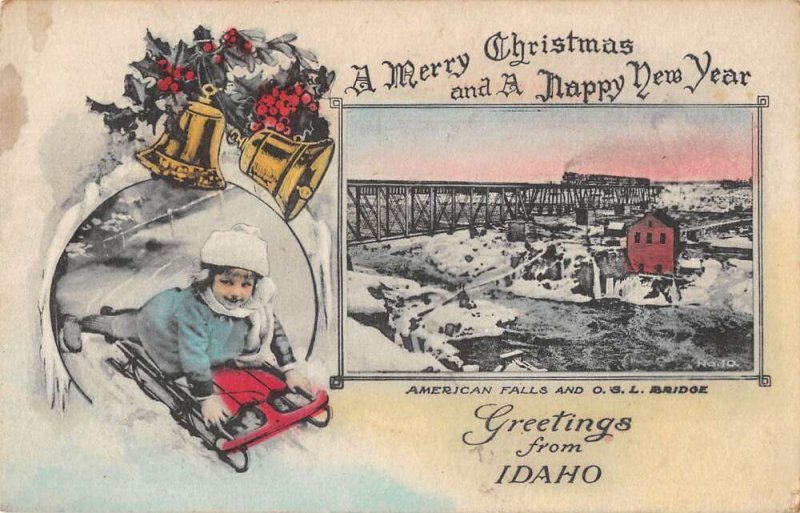 Idaho Christmas Greetings American Falls OSL Bridge Vintage Postcard AA54403 