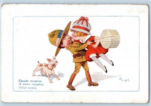 Humor Postcard Little Soldier Romance A Warm Reception Dog c1910's Antique