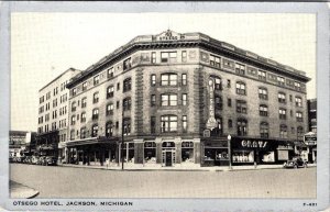 Jackson, MI Michigan OTSEGO HOTEL & Street Scene ca1940's Silver Framed Postcard