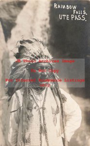 Native American Indian, RPPC, Man with Head Dress at Rainbow Falls Ute Pass