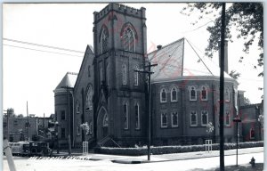 c1950s Centerville, IA RPPC Methodist Episcopal Church Main St Ford Cars PC A109