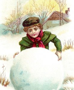 1880s Victorian Trade Card Winter Scene Child & Giant Snowball #6P