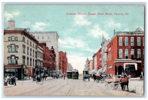 Adams Street South From Main Horse Carriage Scene Peoria Illinois IL Postcard