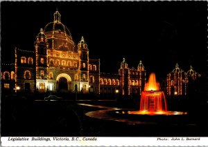 1979 Legislative Buildings Victoria BC Postcard Night Scene Lights Fountain