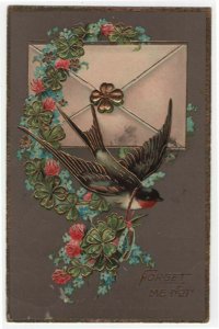 Vintage Greetings Postcard, Bird, Flowers, Clover, Gel Finish, 1909 R.P.O.Cancel