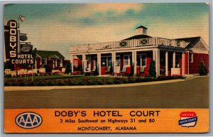 Postcard Montgomery AL c1940s Doby’s Hotel Court Highway 31 and Highway 80 Linen
