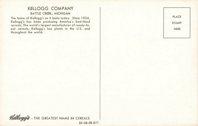 Postcard Kellogg Company Battle Creek Michigan