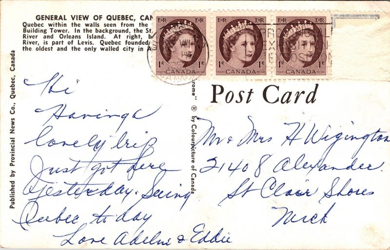 General View Quebec Canada Postcard PM Cancel WOB Note VTG Vintage 1c Stamps  