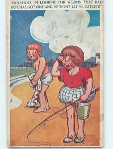 Pre-Linen comic GIRL WITH FISHING ROD CRYING AT THE BEACH HL6726