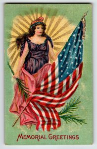 Memorial Decoration Day Postcard Lady Liberty Patriotic US Flag Unposted Vintage