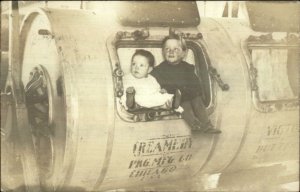 Amery WI Cancel 1913 - Kids in Creamery Tank c1910 Real Photo Postcard