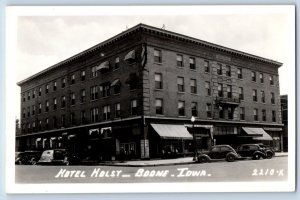 Boone Iowa IA Postcard RPPC Photo Hotel Holst Building Cars c1940's Vintage