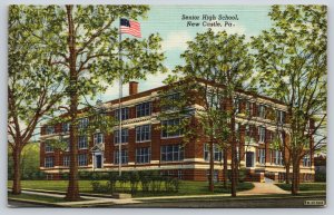 New Castle Pennsylvania~Senior High School Street View~Flag~1943 Linen Postcard