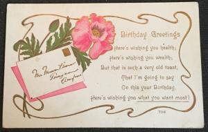 Postcard Unused writing on back “Birthday Greetings” Flower LB